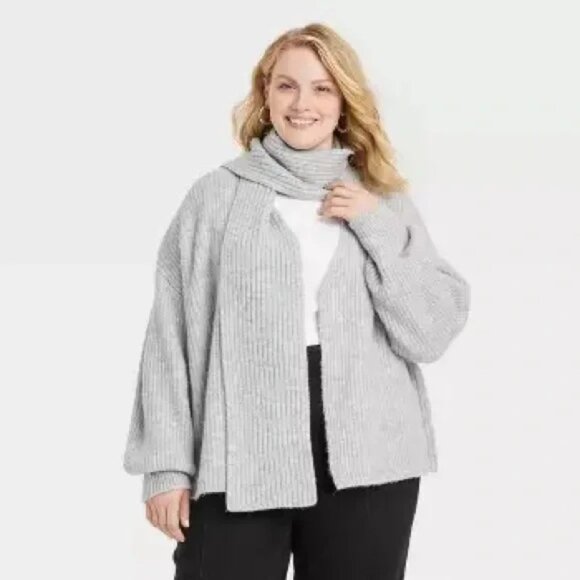 Universal Thread Chunky Ribbed Knit Cardigan Sweater S Attached Scarf  Gray - Picture 2 of 14